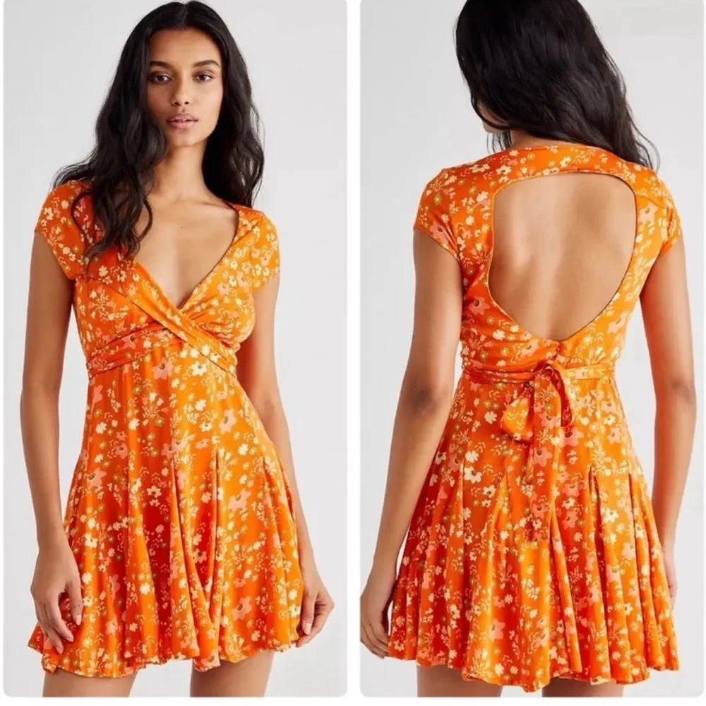 NWT Free People It Takes Two Peach Combo Orange Ditsy Boho Minidress Size Small
